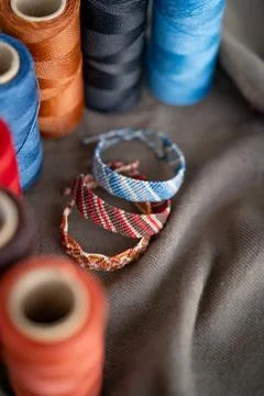 Rainbow of Handmade macrame bracelets Stock Photos