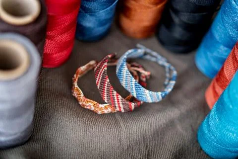 Rainbow of Handmade macrame bracelets Stock Photos
