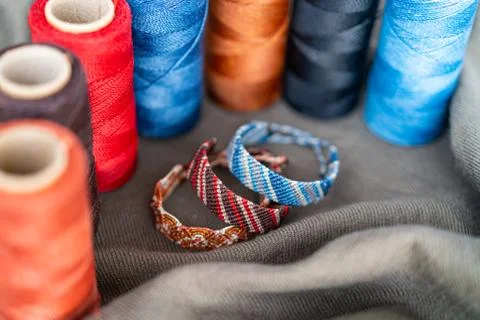 Rainbow of Handmade macrame bracelets Stock Photos