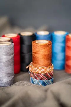 Rainbow of Handmade macrame bracelets Stock Photos