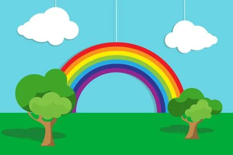 Rainbow hanging on strings in park landscape vector illustration summer 스톡 일러스트