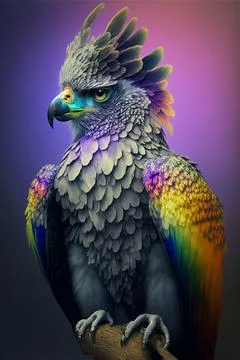 Rainbow harpy eagle perched on a tree branch Stock Illustration