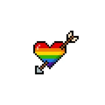 Rainbow heart pierced by an arrow pixel art Y2K icon, LGBT community 8 bit Ilustração Stock