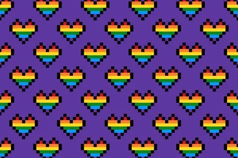 Rainbow heart pixel art seamless pattern LGBTQ Stock Illustration
