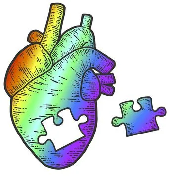 Rainbow heart puzzle. Sketch scratch board imitation color. Stock Illustration