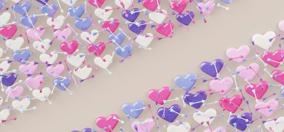 Rainbow hearts diagonal border 3d background. Abstract glitter pattern with love Illustrazione stock