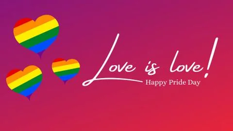 Rainbow hearts in a pink background with the text Love is love, happy pride d Stock Illustration
