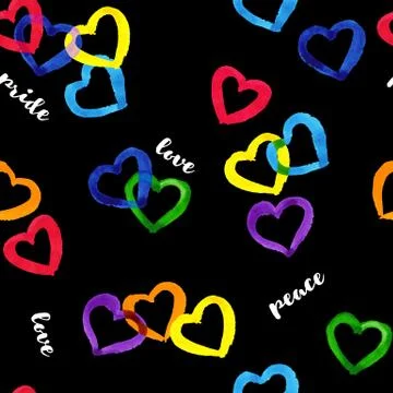 Rainbow hearts pride theme seamless pattern with white scripts on black Stock Illustration