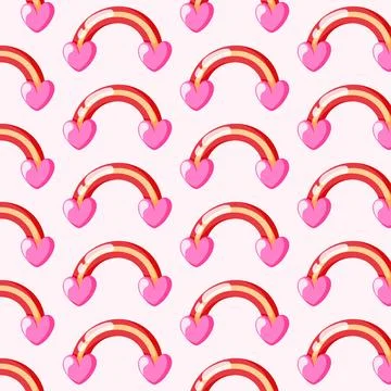 Rainbow with hearts seamless pattern. Valentines Day background in cartoon style Stock Illustration