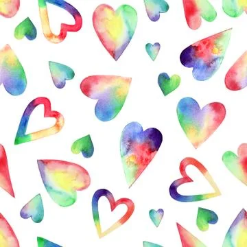 Rainbow hearts. Watercolor seamless pattern on white background. Hand drawn i Stock Illustration
