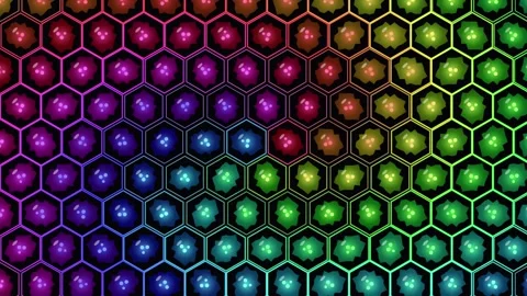 Rainbow hexagon grid with glowing spheres motion background. Stock Footage 345502240