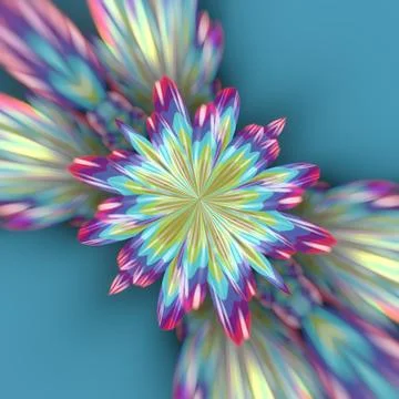 Rainbow holographic 3D flower macro with depth of field on teal Stock Illustration