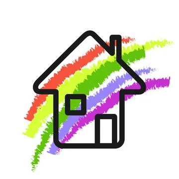 Rainbow, house icon. Everything will be good concept. Black contour line image Stock Illustration