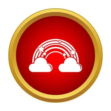 Rainbow icon with clouds and stars on red button Stock Illustration
