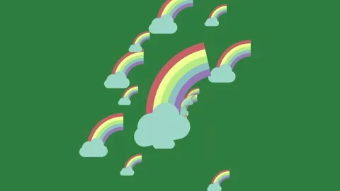 A rainbow icon on green background and screen with rainbows clouds colored 스톡 동영상 336971477