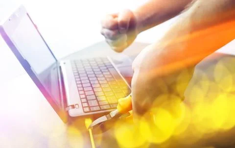 Rainbow IT background. The laptop is connected to the Internet. Community t.. Stock Photos