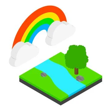 Rainbow landscape icon isometric vector. Bright rainbow in cloud over river icon Ilustração Stock