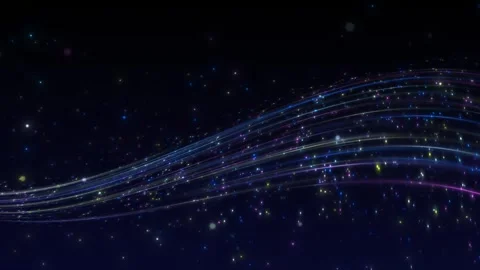 Rainbow light wave particle visual with flowing neon arcs, bright sparkle dots, Stock Footage 340552270