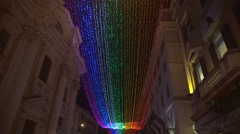 Rainbow lighting in Via del Corso during the holidays Stock Footage 61492945