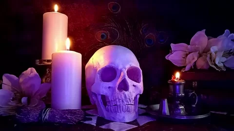 Rainbow Lighting over Spooky Skull by Candlelight Stock Footage 211371960