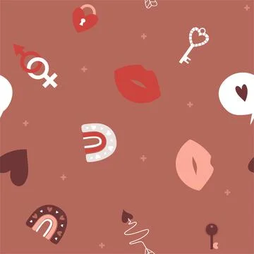 Rainbow, lips, arrow seamless pattern, lovely romantic background, great for  Stock Illustration