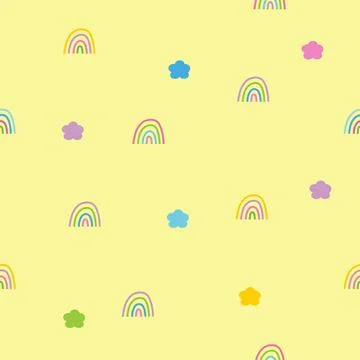 Rainbow with little clouds seamless pattern background - yellow background Illustrazione stock