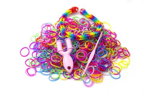 Rainbow loom Colored rubber bands for weaving accessories Stock Photos