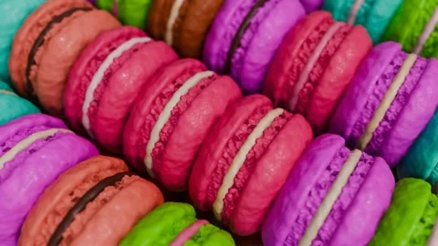 Rainbow Macaron Display Rows of Colorful French Pastries, Sweet Abundance Stock Footage 307348563