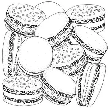 Rainbow Macarons. Donut Macarons with icing and sprinkles. Black and white... Stock Illustration