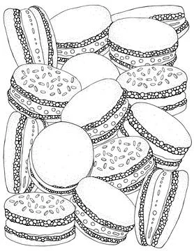 Rainbow Macarons. Donut Macarons with icing and sprinkles. Black and white... Stock Illustration