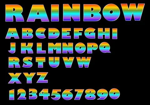 Rainbow massive font, upper case in vivid colors, numbers, alphabet set in Stock Illustration