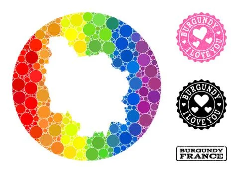 Rainbow Mosaic Hole Round Map of Burgundy Province and Love Watermark Stamp for Stock Illustration