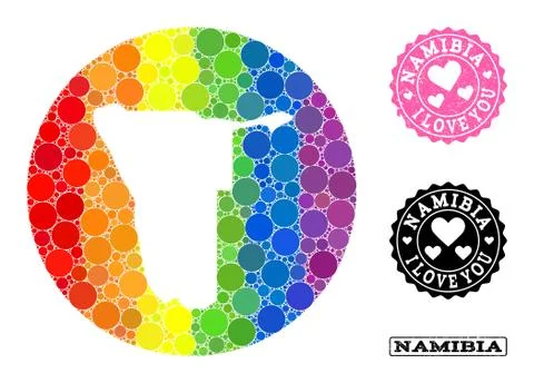 Rainbow Mosaic Hole Round Map of Namibia and Love Rubber Seal for LGBT Stock Illustration