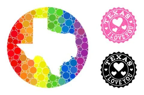 Rainbow Mosaic Stencil Circle Map of Texas State and Love Scratched Stamp for Illustrazione stock