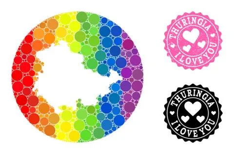 Rainbow Mosaic Stencil Circle Map of Thuringia State and Love Rubber Seal for Illustrazione stock