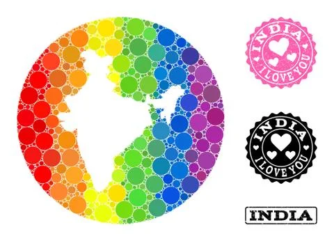 Rainbow Mosaic Stencil Round Map of India and Love Grunge Seal for LGBT Stock Illustration