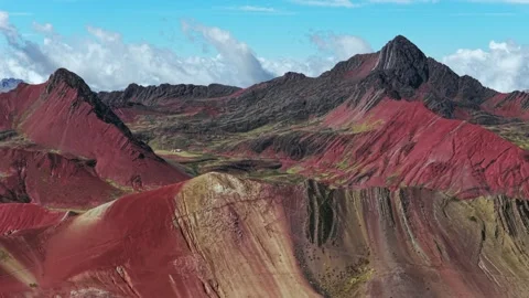 Rainbow Mountain Vinicunca Peru aerial drone morning blue sky Montaña de Siete Stock Footage 323066487