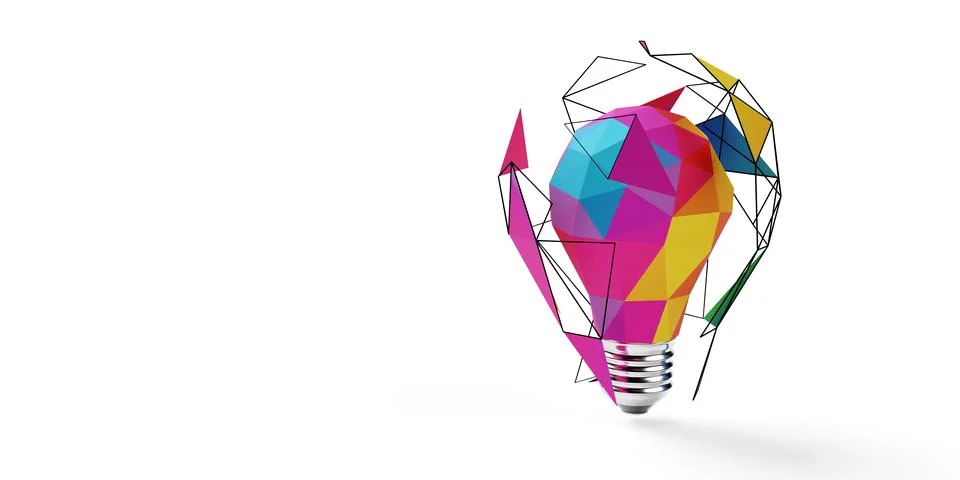 Rainbow multi color low poly light bulb with floating geometry elements on .. Ilustración de archivo