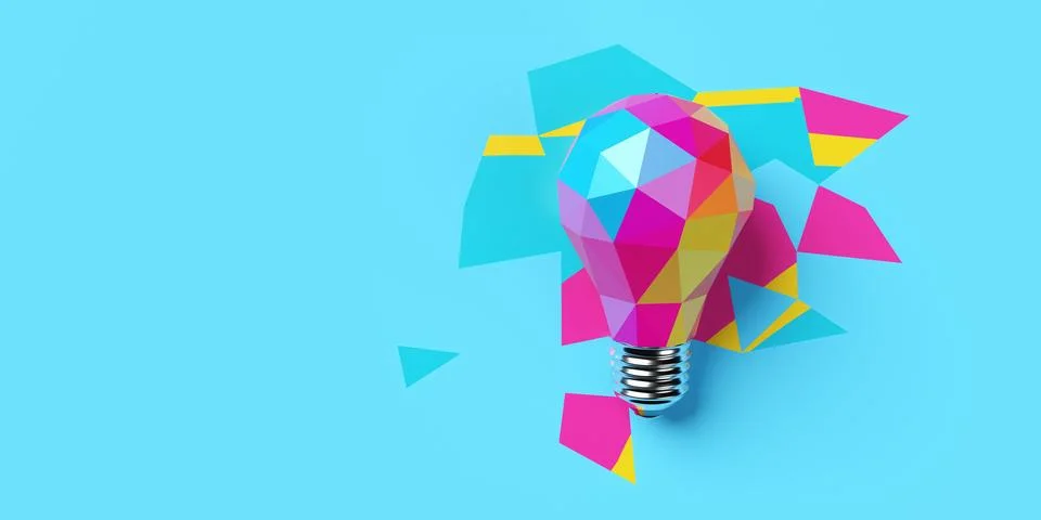 Rainbow multi color low poly light bulb with colorful triangle elements on .. Stock Illustration