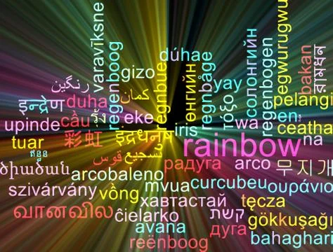 Rainbow multilanguage wordcloud background concept glowing Stock Illustration