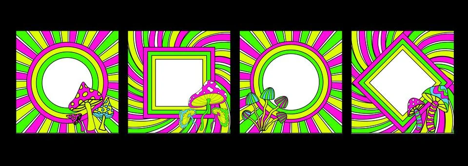 Rainbow neon acid colors frames set 70s psychedelic hippie style. Vintage frame Stock Illustration