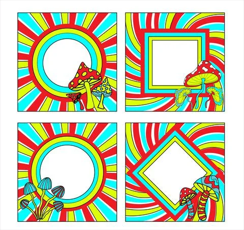Rainbow neon acid colors frames set 70s psychedelic hippie style. Vintage frame Stock Illustration