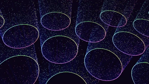 Rainbow neon circles pattern with small motion dots and lines Stock Footage 202047721