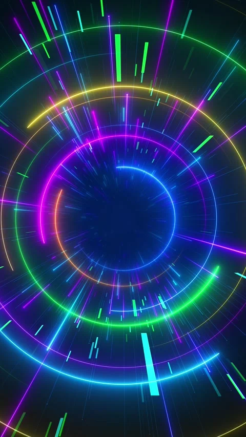 Rainbow neon radial background circular arcs, speed lines, glowing bars, deep ce Stock Footage 340468674