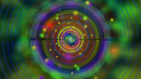 Rainbow Neon Vortex Tunnel Hypnotic Concentric Rings Floating Particles Stock Footage 338164792
