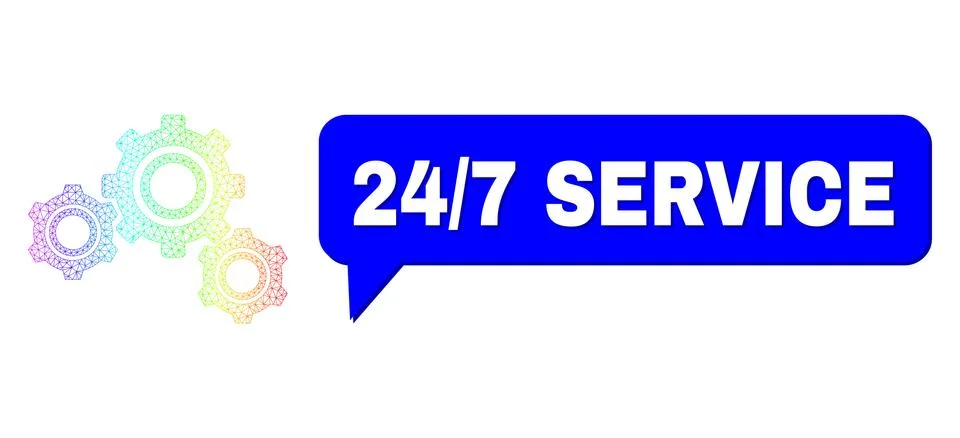 Rainbow Net Gradient Gears Icon and 24/7 Service Message Balloon with Shadow 스톡 일러스트