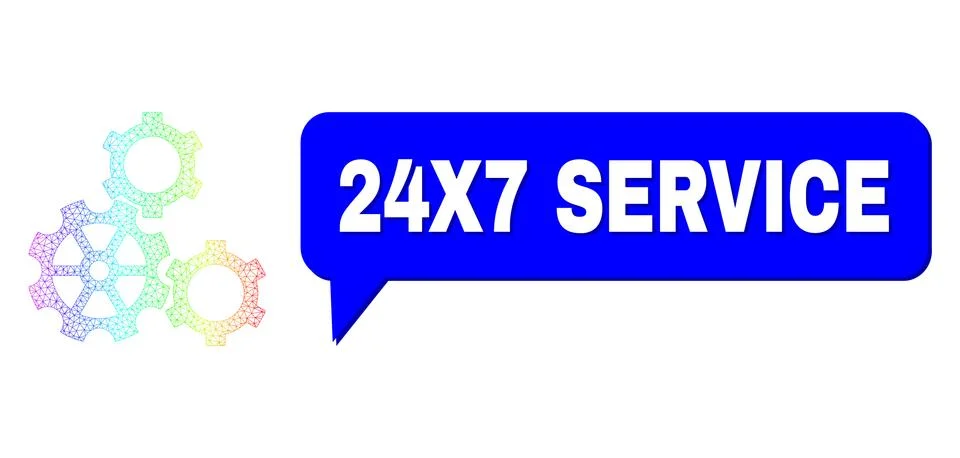 Rainbow Network Gradient Gears Icon and 24X7 Service Message Cloud with Shadow Stock Illustration