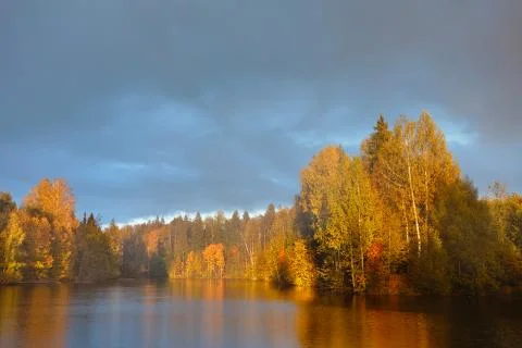 Rainbow over calm water of a forest lake. Stock Photos