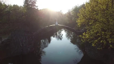 Rainbow over Devil's bridge in the park Kromlau, Germany, wedding Stock Footage 77040709