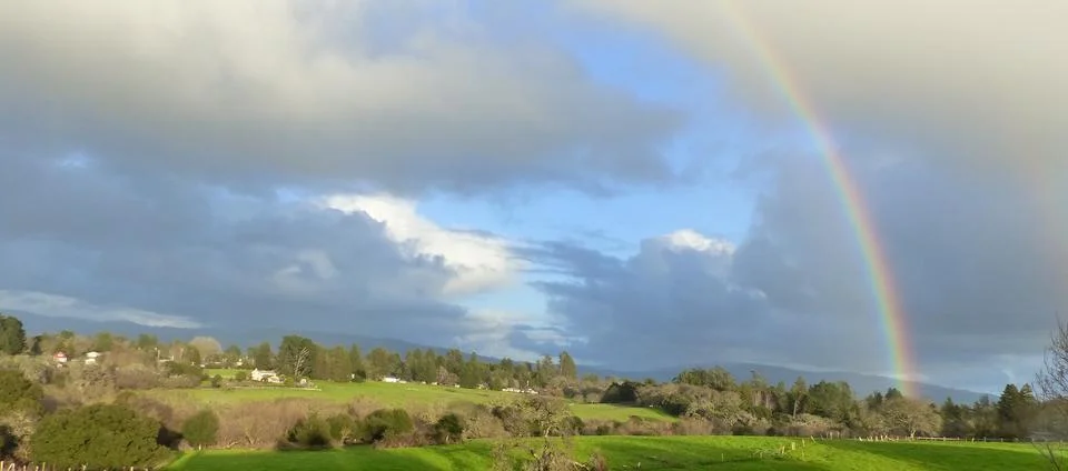 Rainbow over emerald green fields Stock Photos